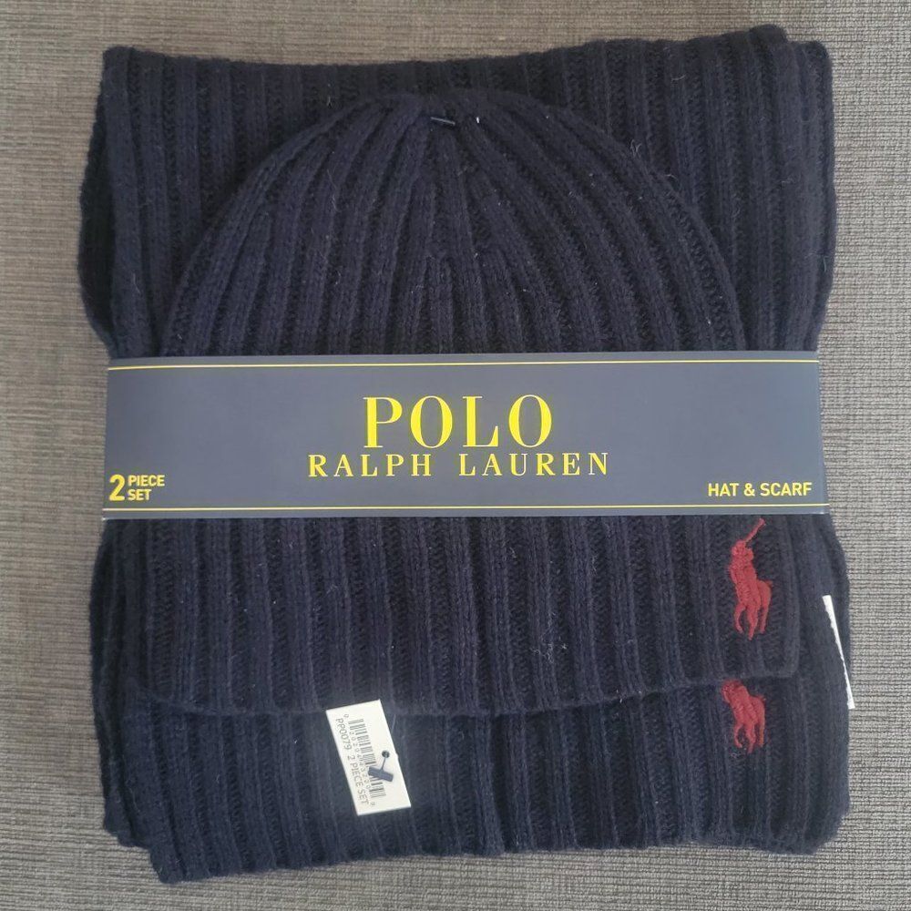 Polo Ralph Lauren Men's Navy 2 Piece Set Hat & Scarf Lambswool Blend One size